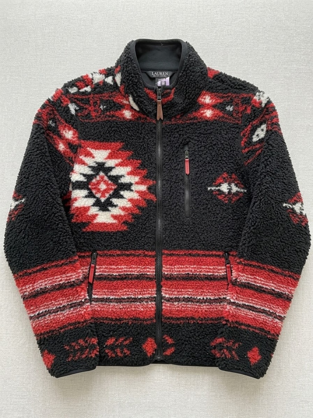 Lauren Ralph Lauren Black, Red & White Sherpa Zip Jacket